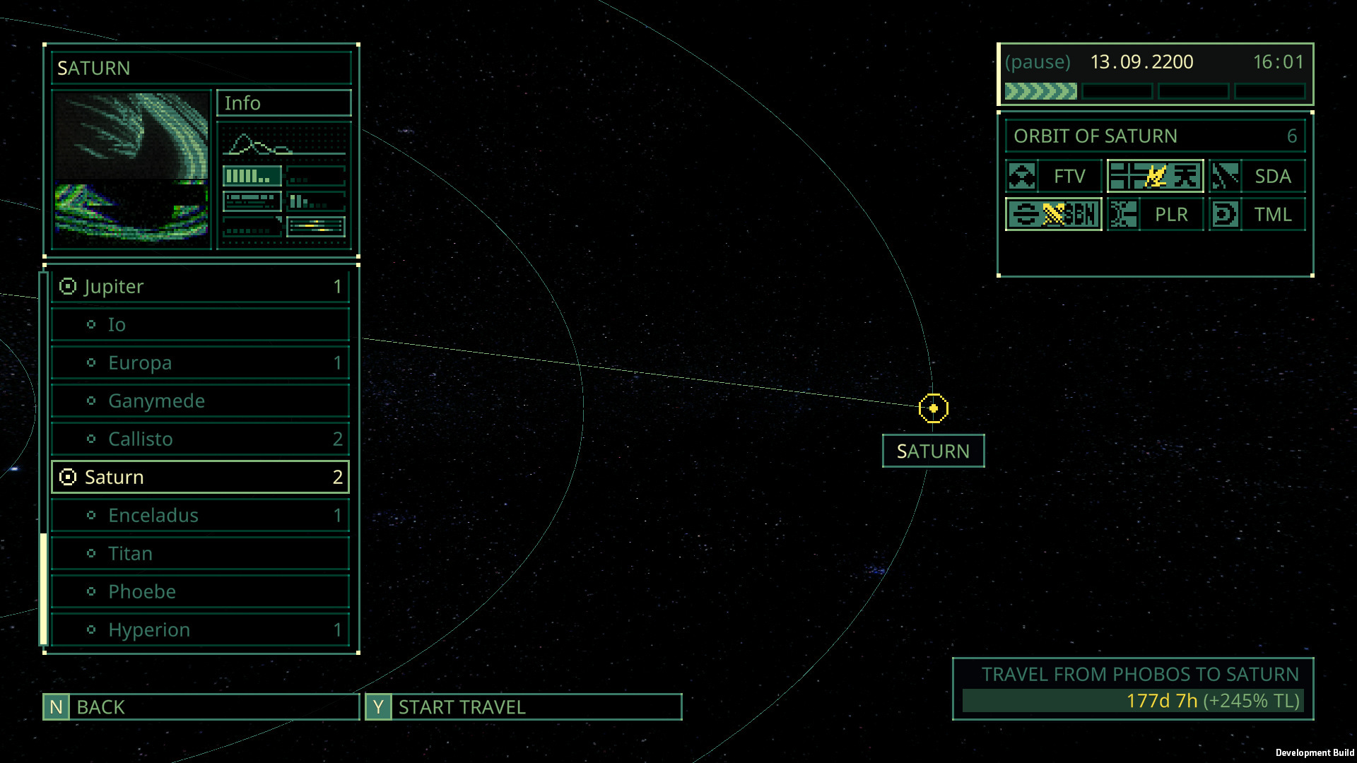 Quasimorph mission planner: destination screen showing estimated faction Technology growth during travel